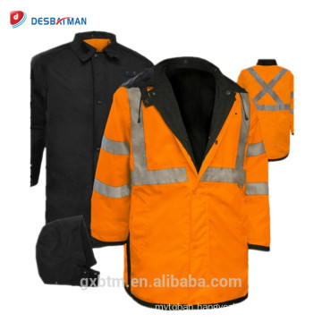 High Visibility Class 3 Waterproof Rain Jackets With Orange And Yellow Color,Reversible Mid-Length Hi Vis Safety Raincoat